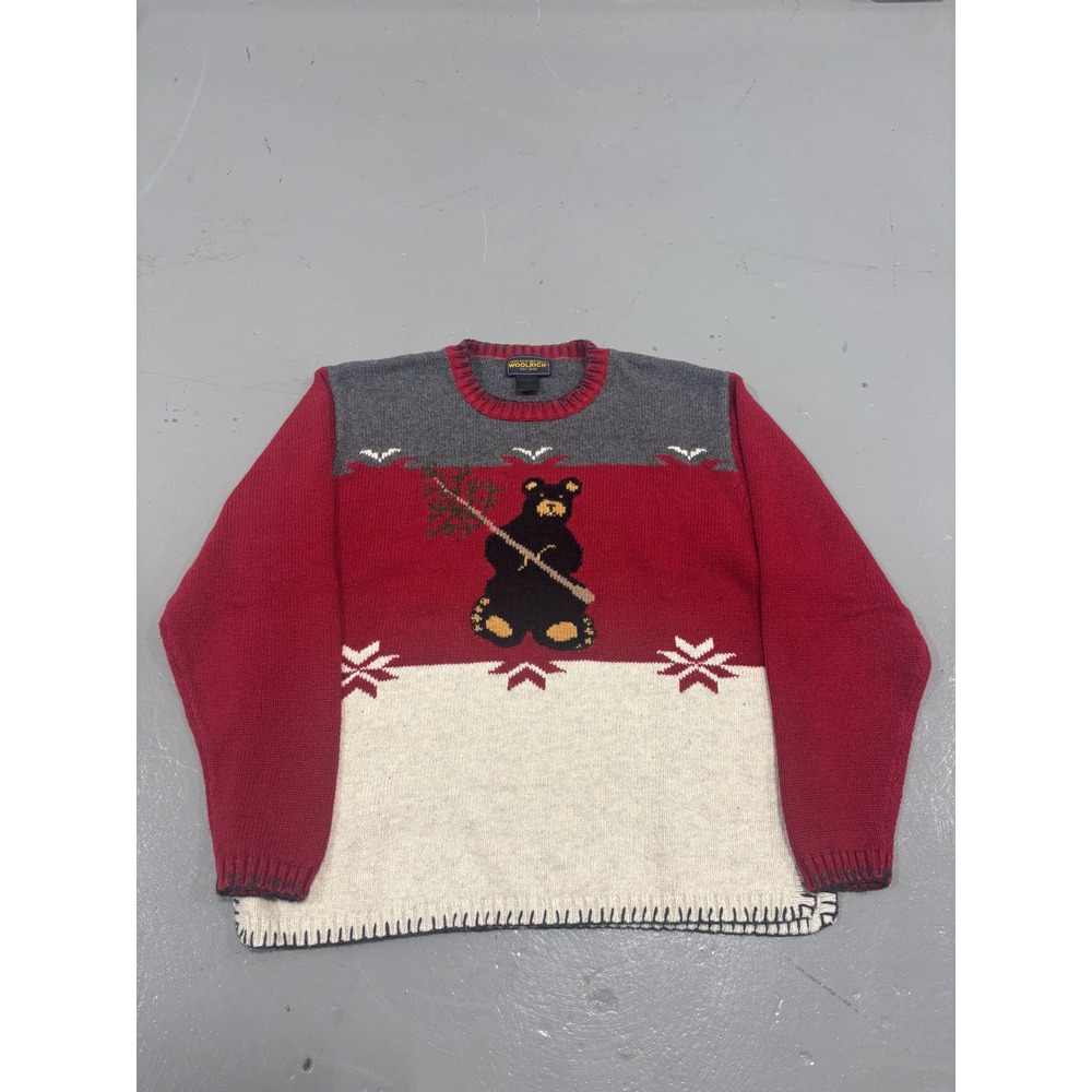 Vintage Woolrich John Rich & Bros Mens Black Bear Christmas Sweater Red Medium